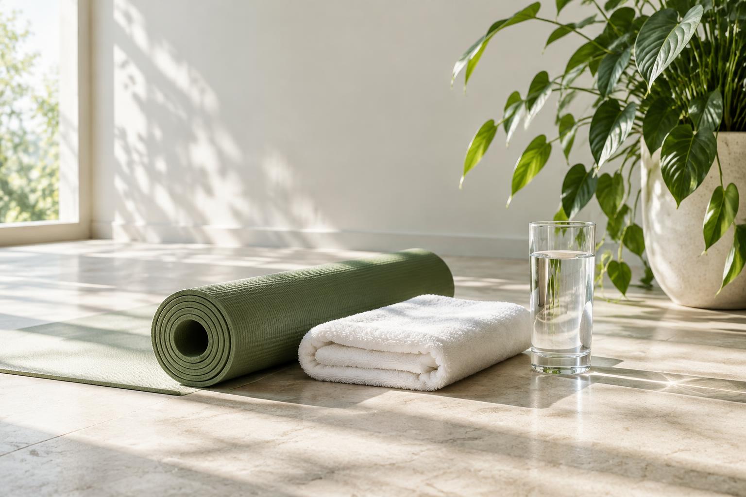 Yoga mat, towel, and water in a sunlit studio